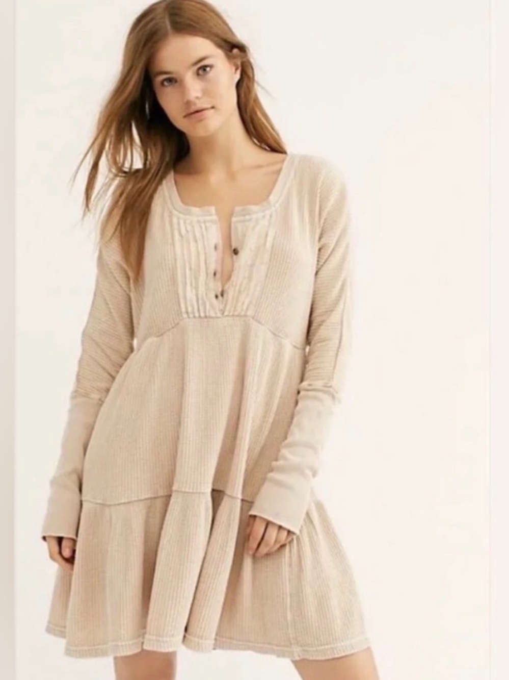 Free People Beige Waffle Knit Henley Thermal Tiered Mini Dress Boho Long‎ Sleeve